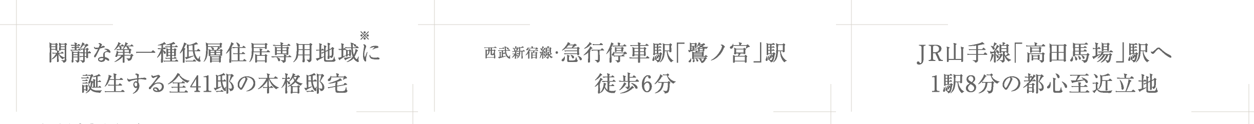 閑静な第一種低層住居専用地域に誕生する全41邸の本格邸宅|西武新宿線・急行停車駅「鷺ノ宮」駅徒歩6分|JR山手線「高田馬場」駅へ1駅8分の都心至近立地